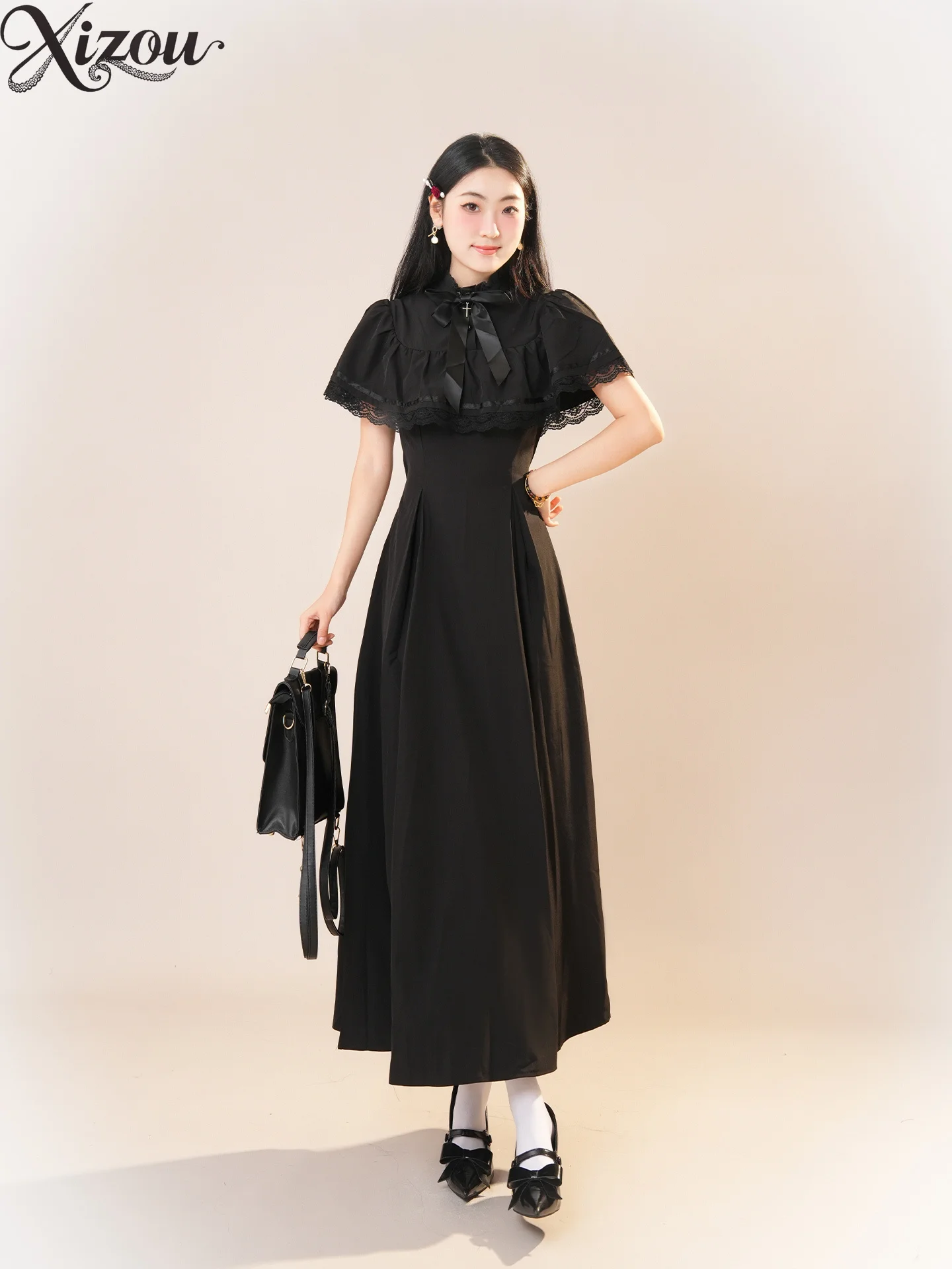 

Винтажное японское ретро-стиль с застежкой на талии, модная накидка, повседневное платье для женщин, летнее черное длинное платье с короткими рукавами