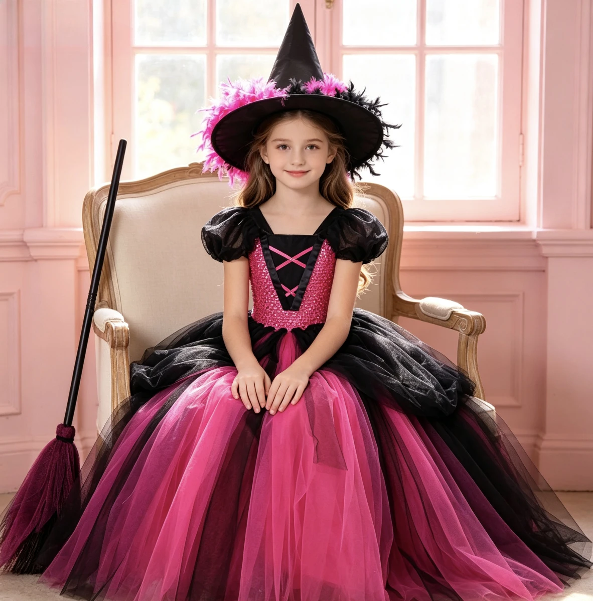 Children Pink Witch Fashion Eye-Catch Design Gothic Style Long Mesh Tutu Dress For Halloween Masquerade Party Role Play Clothing