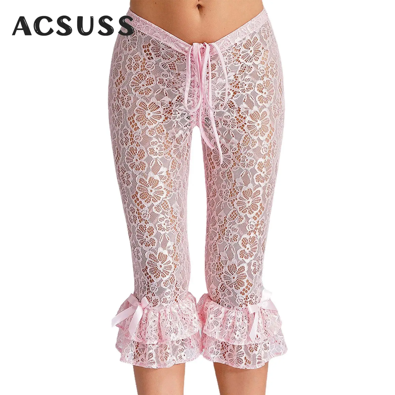 Women Sheer Pants Hollow Out Lace Flared Bell Bottoms Vintage Pettipants Tiered Ruffle Pantaloons Nightwear Sleepwear Culotte