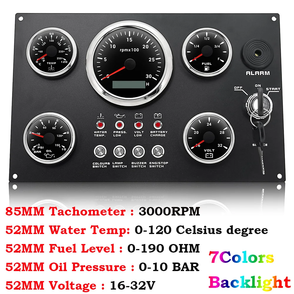 Boot Dashboard 5 Gauge Set Schakelpaneel 85mm Toerenteller 3000 rpm-8000 rpm + 52mm Voltmeter Oliepers Brandstofniveaumeter Aangepast - afbeelding 1