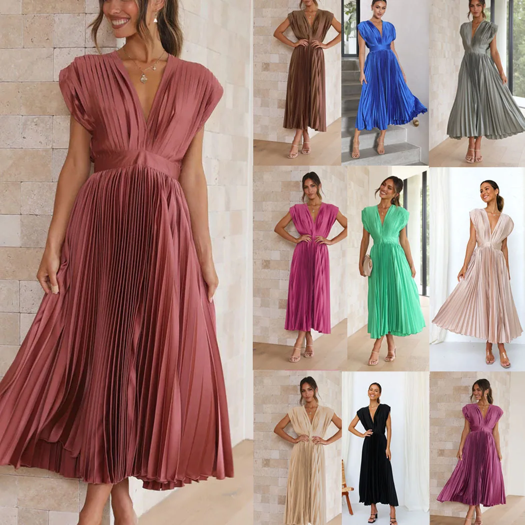 

Women's Spring/Summer Fashion Solid Color V-neck Sleeveless Pleated Waist Tied Casual Dress Loose Casual Holiday Party Dress