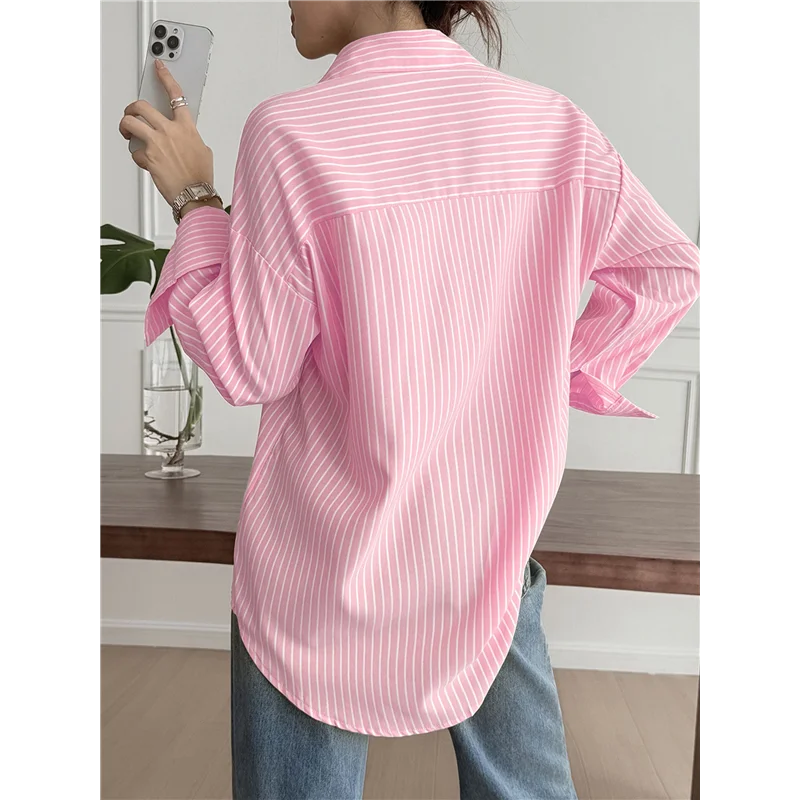 CGS – Camisas femininas com botões, camisas formais listradas, mangas compridas, lapelas, camisas de trabalho de escritório, tops