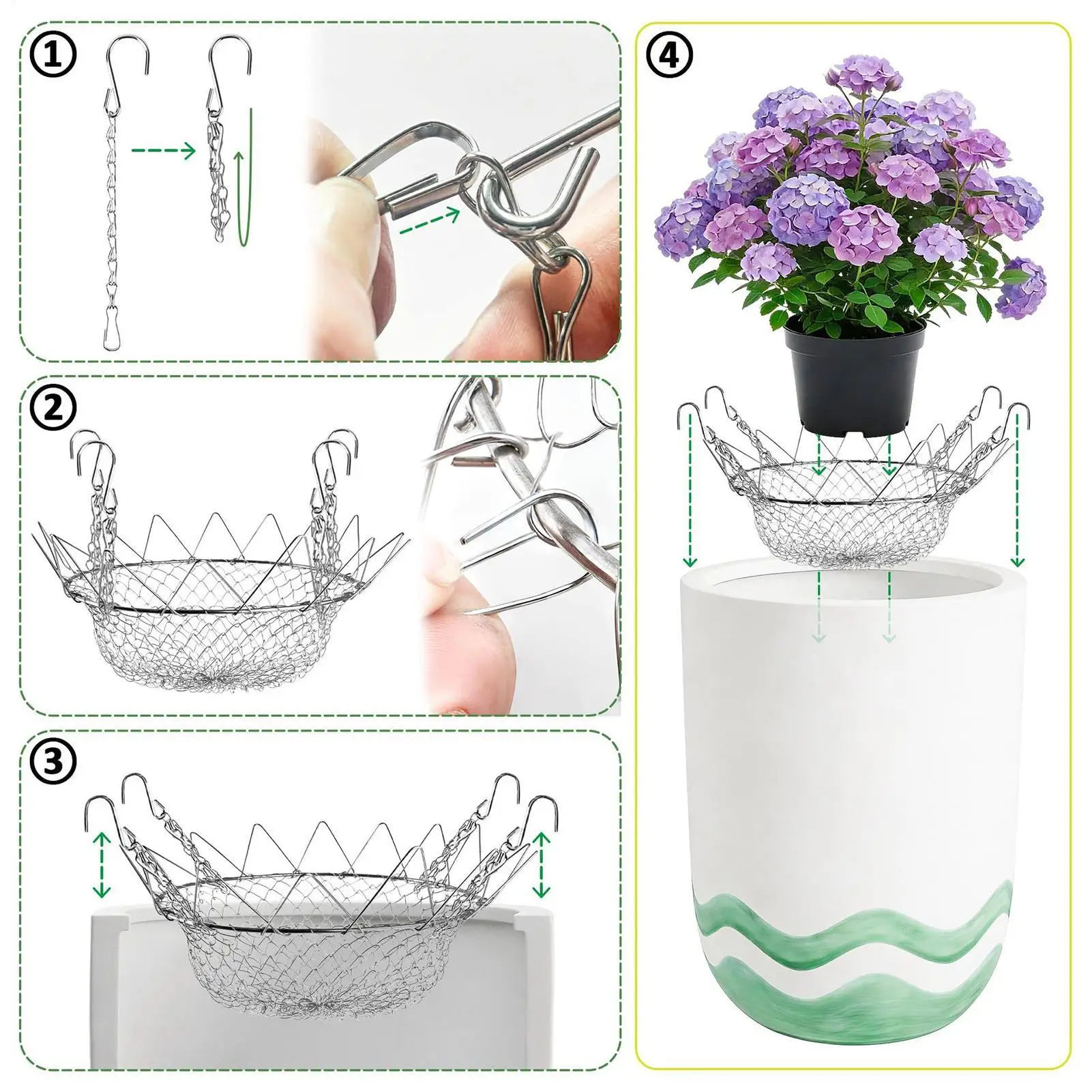 Adjustable Planter Insert For Pots Stainless Steel Plant Pot Riser Chains Adjustable Planter Fillers Flower pot accessories