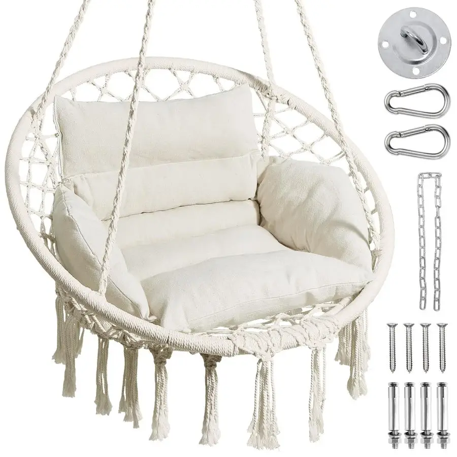 

Hammock Chair, Macrame Swing Chair with Comfy Cushion, Boho Hanging Chair for Outdoor Indoor, Perfect for Bedroom, Patio, Balco