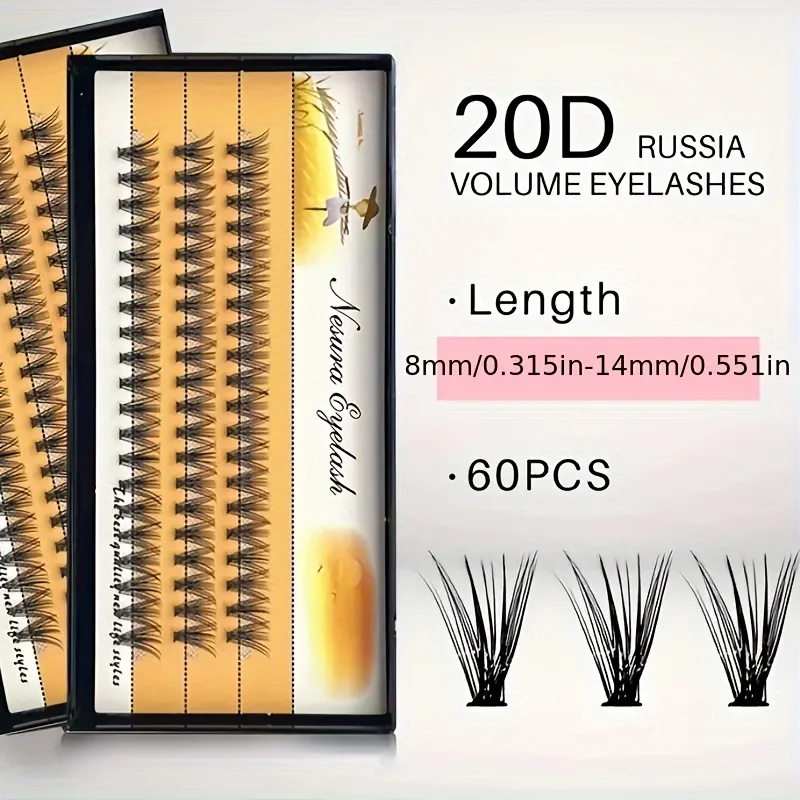 1 BOX (60 Clusters), 10D/20D 0.07C 8/9/10/11/12/13/14MM, Eyelash Extension Clusters, Single Cluster False Eyelashes Makeup Produ