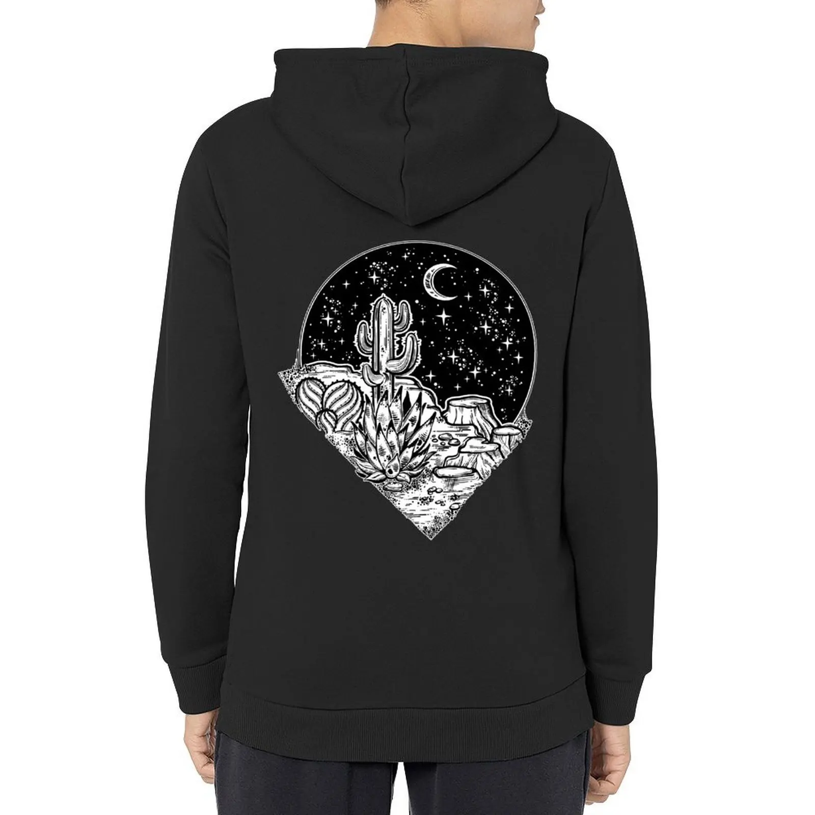 

Decorative antique hourglass with mountains, stars and moon illustration. Hoodie men's coat men clothes men's oversize hoodie