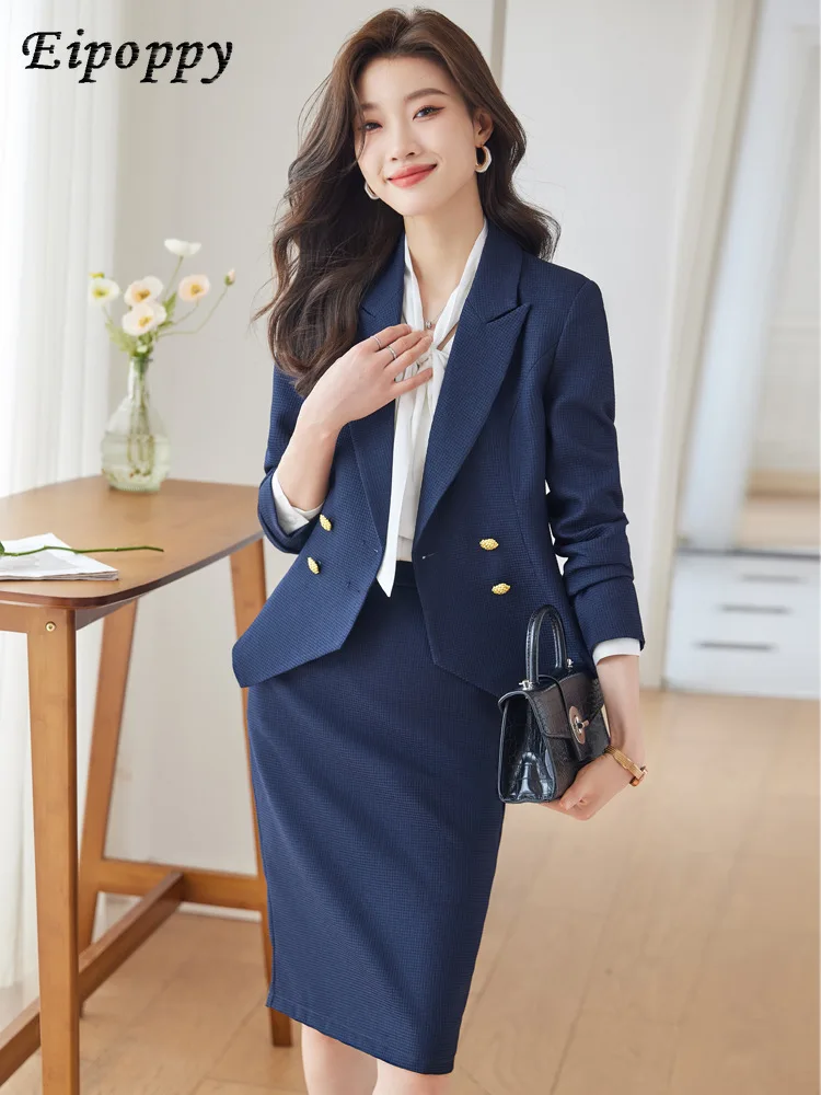 Elegant Autumn Winter Ladies Skirt Suit Women Black Blue Pink White Female Formal Two Piece Set Blazer for Business Work Wear