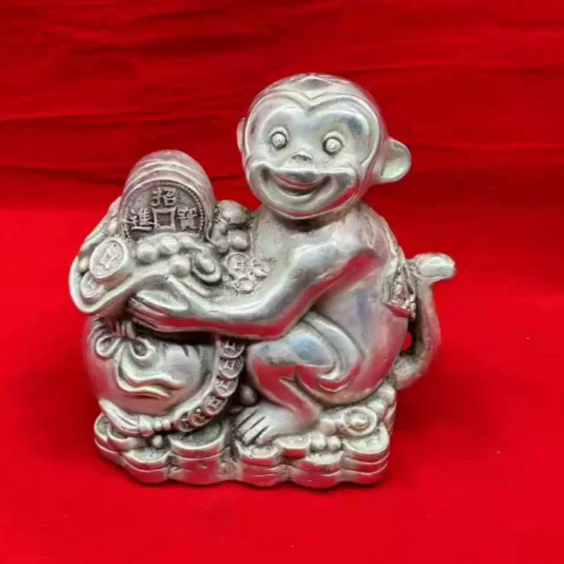 Antique white copper zodiac monkey Chinese style ornaments attract wealth home and office desktop decoration crafts