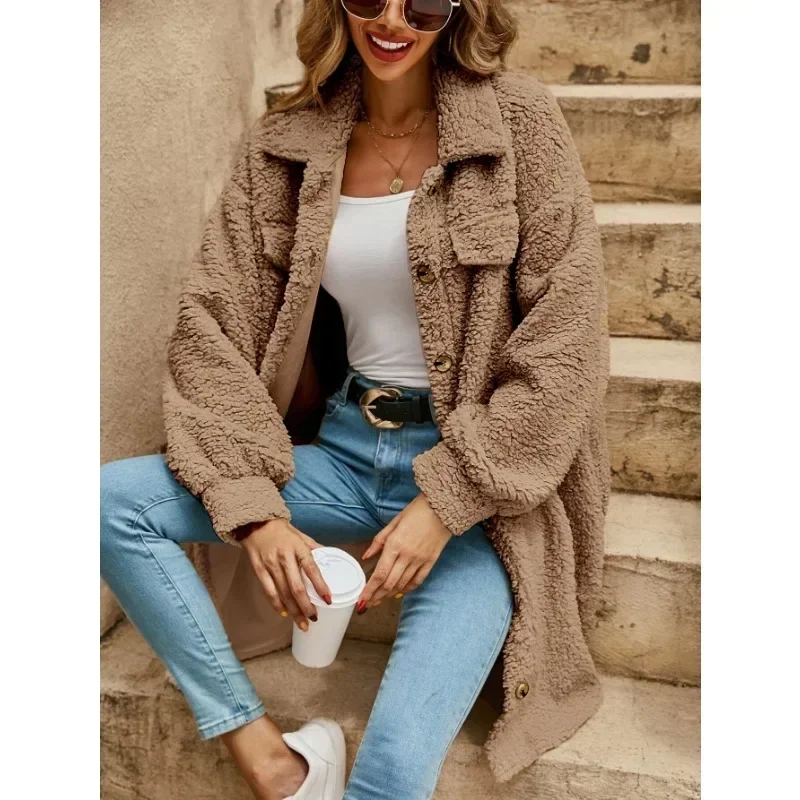 Winter Fleece Trench Jackets Women Long Sleeve Lapel Plush Coat Jackets Loose Long-Cut Coat Trend Open Button Outwear Trench