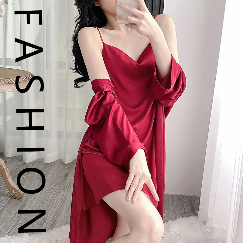 

Pajamas women's spring and autumn thin ice silk long-sleeved nightgown summer sexy pure desire swinging collar open-ended suspen