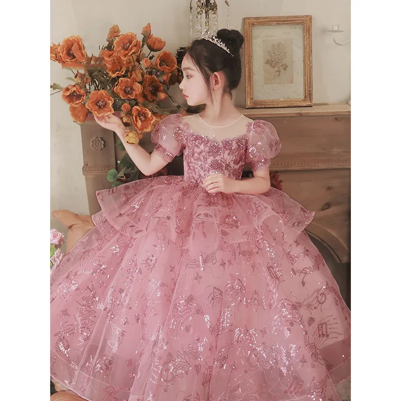 Evening Princess Girls Party Sequins Prom Tulle Dress Fluffy Flower Girl Wedding Toddler Dresses for Kids First Communion Dresse