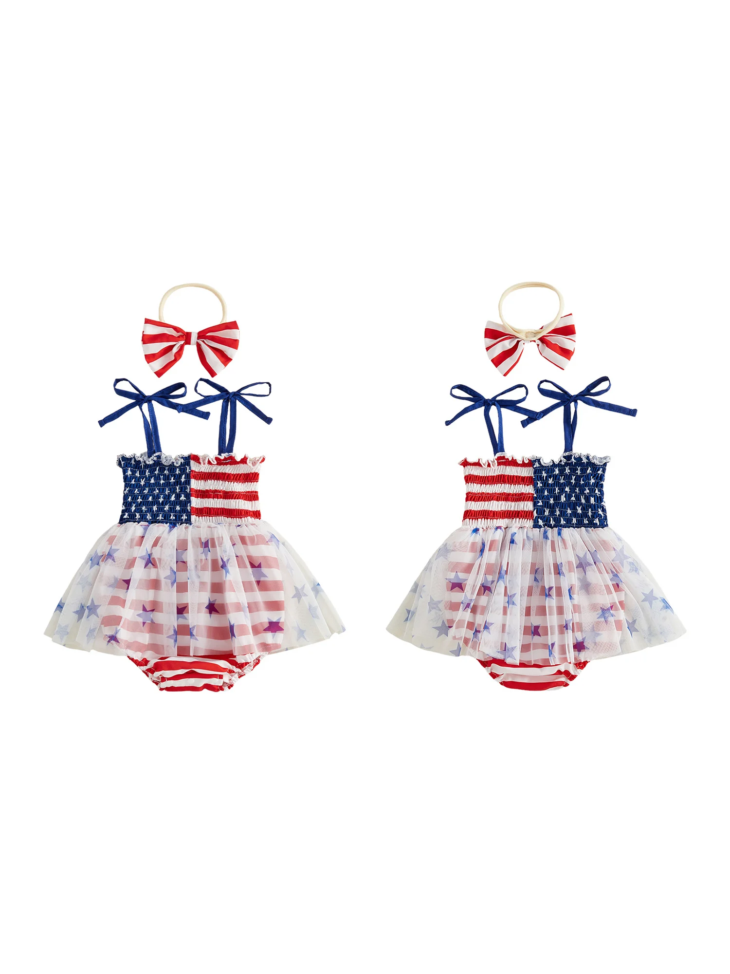 

Infant Baby Girl Outfit Independence Day Sleeveless Tie up Shoulder Strap Star Stripe Print Romper Dress and Headband