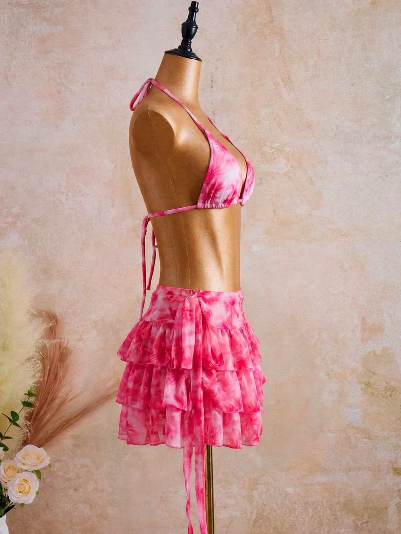 

Розовый комплект бикини с многослойной юбкой и рюшами в стиле тай-дай для женщин, пляжная одежда, наряд для вечеринки