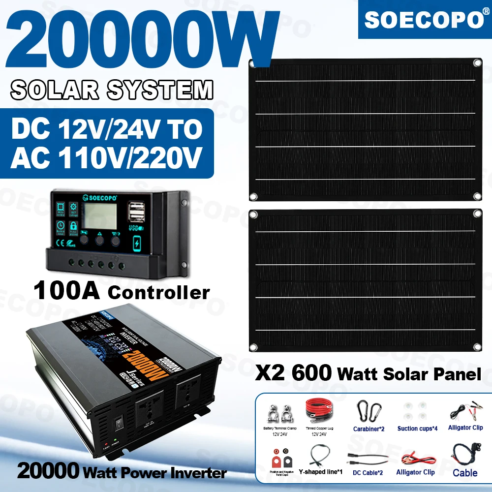 

SOECOPO 20000W Solar System Complete Kit 2*600W Panel 12V 24V To 220V/110V Inverter Socket 100A Controller for Camping Balcony