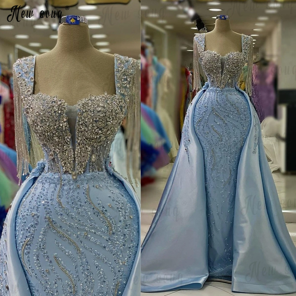 Robe de Soirée Longue Bleu Clair avec Traîne Amovible, Manches, Glands, Dubaï, Grande Taille, Perles