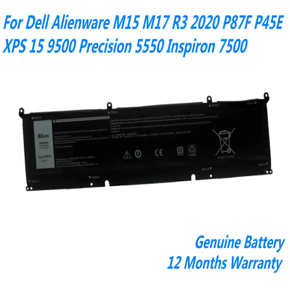 

NEW 69KF2 Laptop Battery For Dell Alienware M15 M17 R3 2020 P87F P45E XPS 15 9500 Precision 5550 Inspiron 7500 11.4V 86Wh