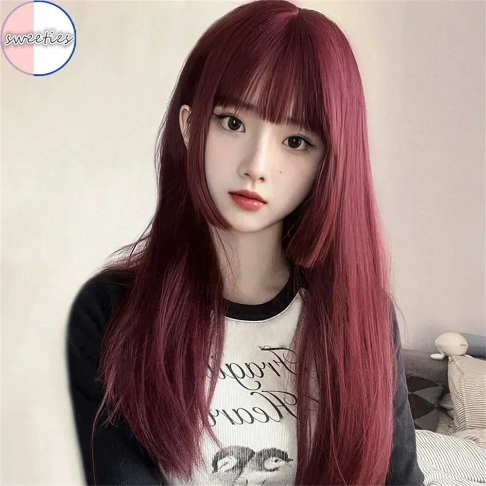 75cmロングストレート合成ウィッグ耐熱シルク風レッドカラーフルヘッドヘアピースボリュームアップナチュラルルック女性用