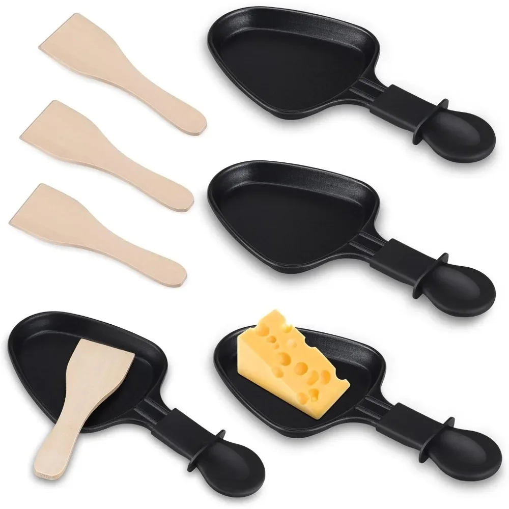 4SET Cheese Raclette Pans and 4 Wooden Shovels Non-Stick Coating Universal Electric Cheese Fried Egg Pans for Party Picnic Tools