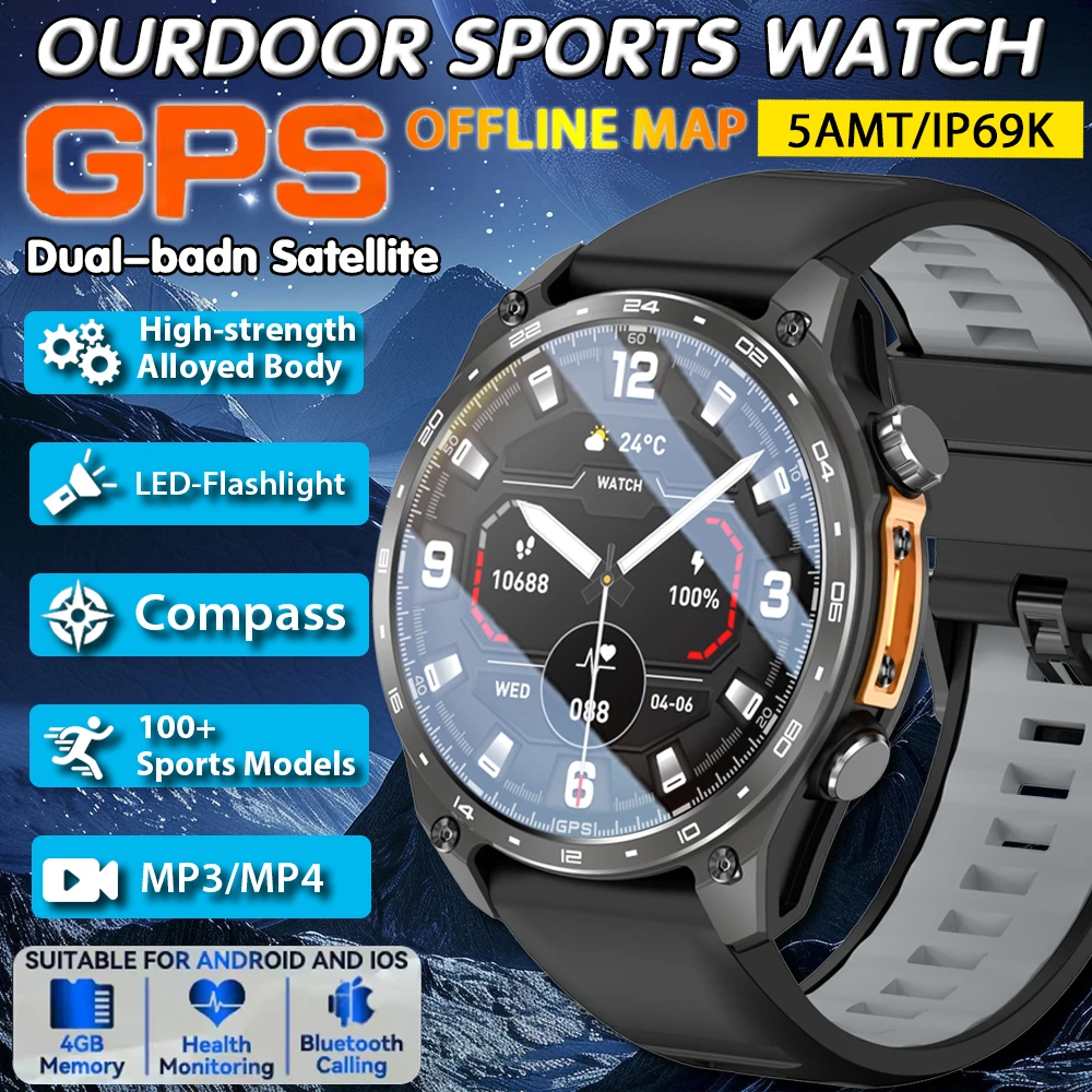 

2026 New T-Rex 3 Tactical Smartwatch Built-in GPS Offline Map 4GB Memory 5ATM Waterproof Swimming Men Militray Smart Bracelets