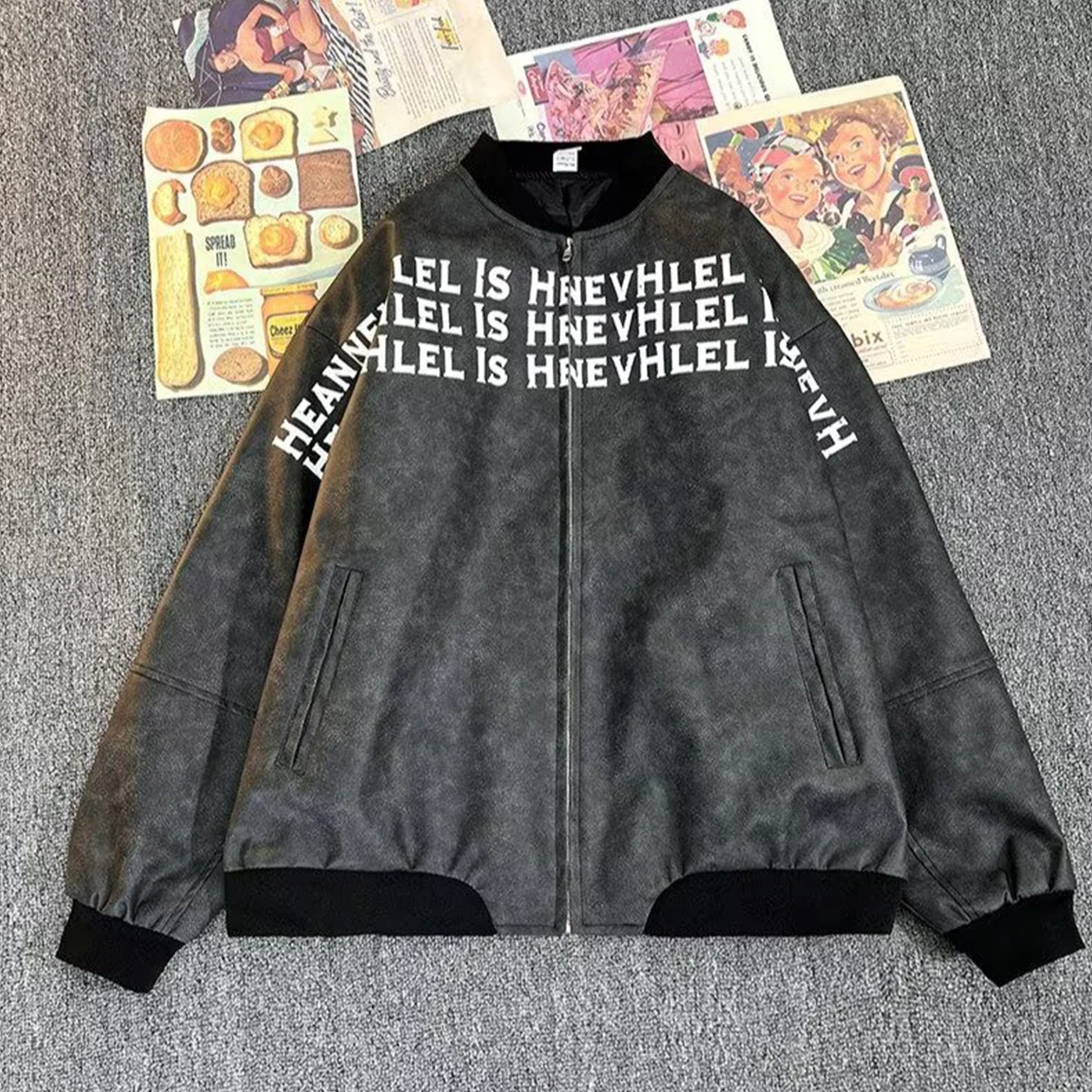 

Мужская куртка из искусственной кожи с принтом и надписями в американском стиле, свободного кроя, на молнии, в стиле High Street, для бейсбольного образа