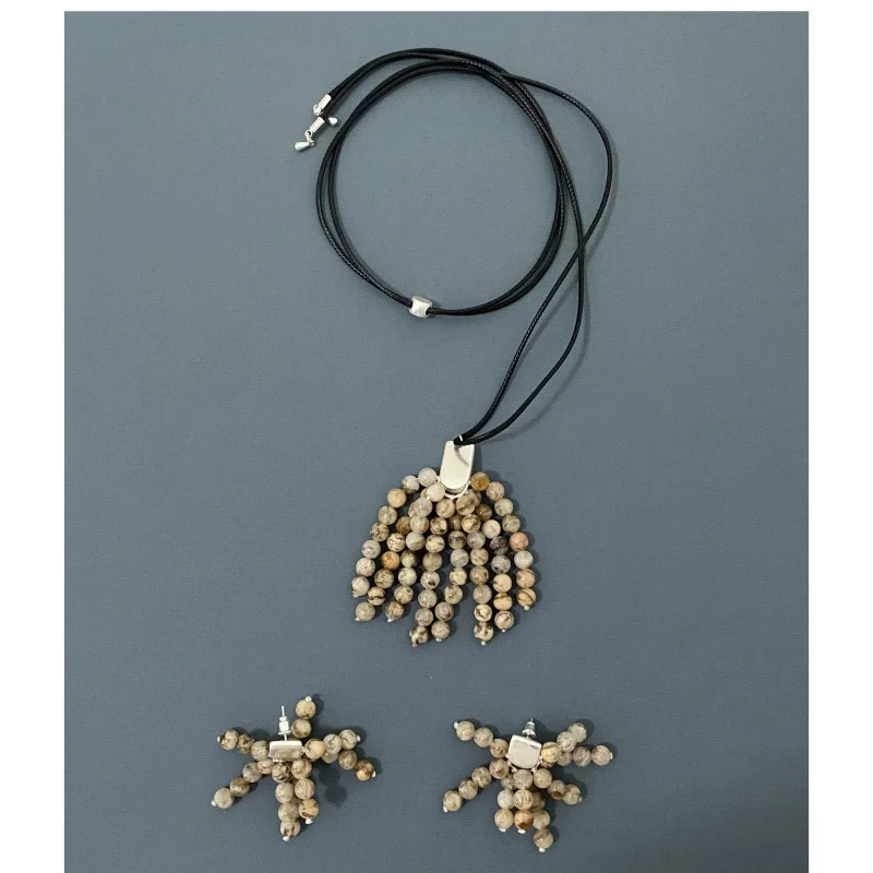 

Модные винтажные серьги с кисточками из камня Бодхи, ожерелье для женщин, нишевый камень зебры, изысканная универсальная цепочка для свитера