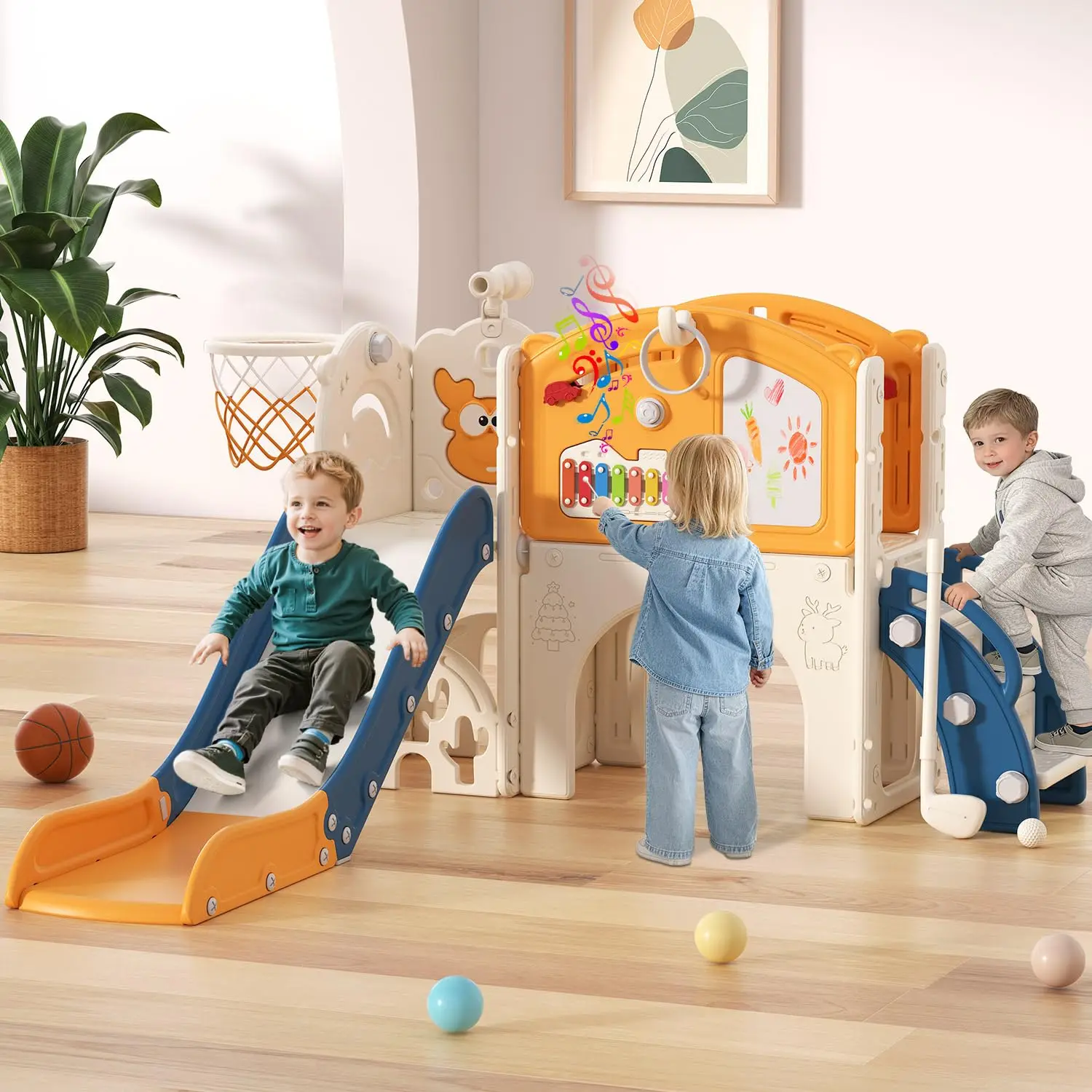 Toddler Slide Set, 13 in 1 Kids Indoor Outdoor Slide for Toddler 1-3 | Toddler Slide with Basketball Hoop, Golf Game & Drawing B