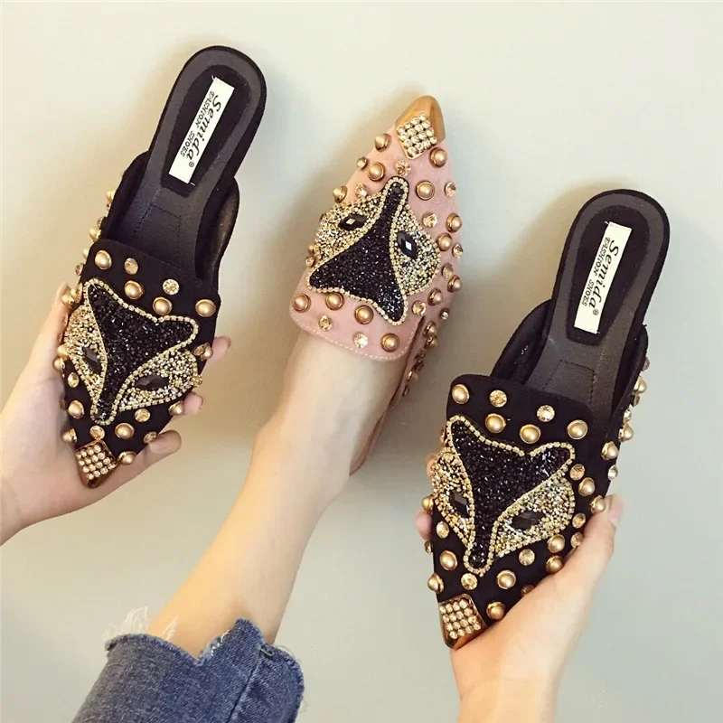 2025 New Shoes for Women Luxury Slipper Girl Outdoor Rhinestone Fox Casual Flat Sandals Girl Heels Pointed Toe Slides