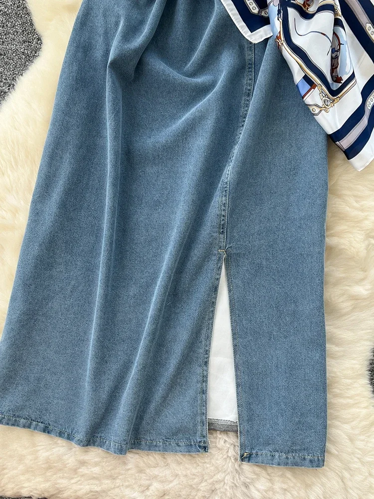 슬림하고 우아한 통기성 좋은 중간 길이 여성복 프랑스 소수민족 패치워크 레이스업 로브 데님 독특하고 개성 있는 캐주얼 드레스