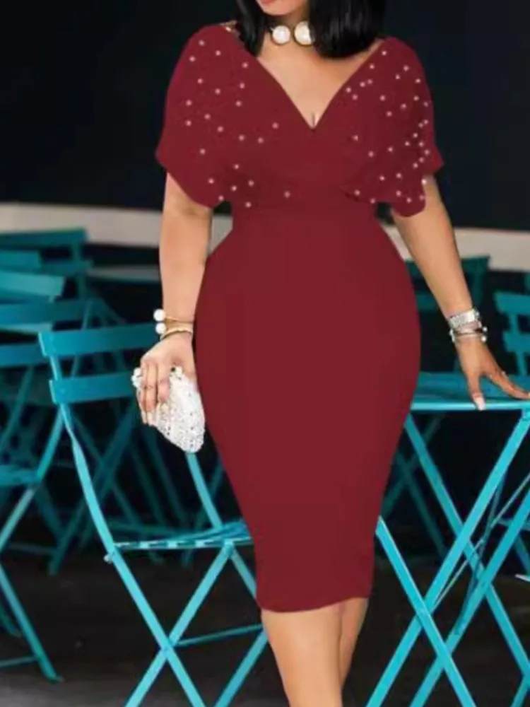 Elegant Dress Lady Fashion Solid V Neck Short Sleeve High Waist Package Hip  Dresses For Women Formal Evening Womens Clothing New