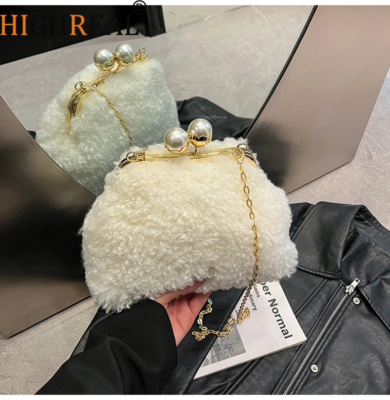 

Plush Frame Bags For Women Winter New Pearl Furry Crossbody Shoulder Bags Solid Fur Luxury Handbag Soft Fluffy Bags Korean