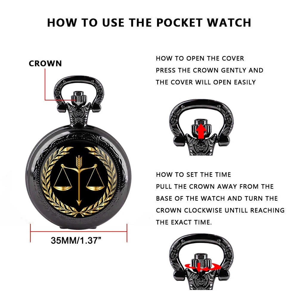 Stainless Stee Lawyer Justice Scale Judge Glass Dome Quartz Pocket Watch Necklace Women Jewelry Pendant Chain Children