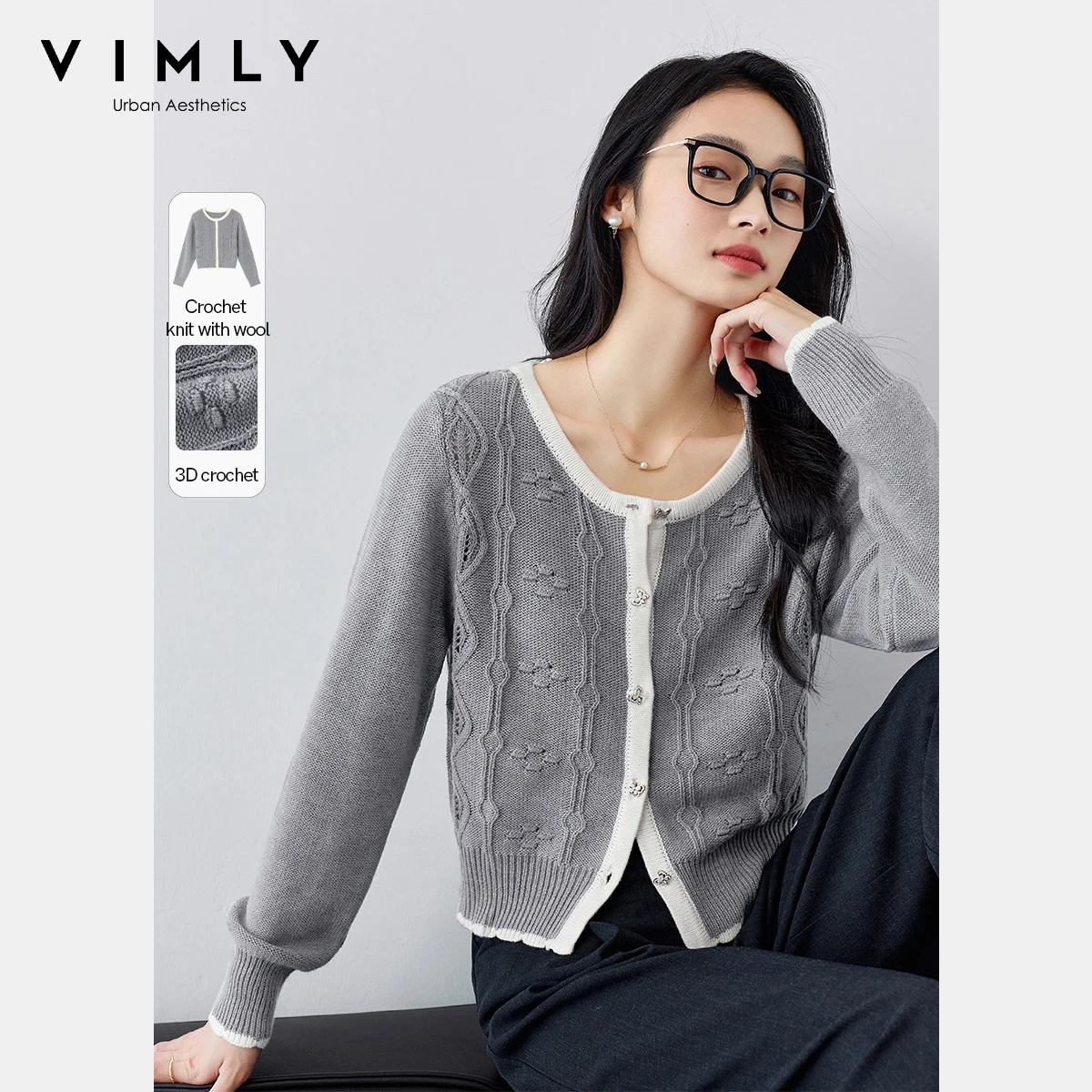 

VIMLY повседневный женский контрастный кардиган, осень 202, вязаные свитера с круглым вырезом, короткий дизайн, однобортная женская одежда 73180