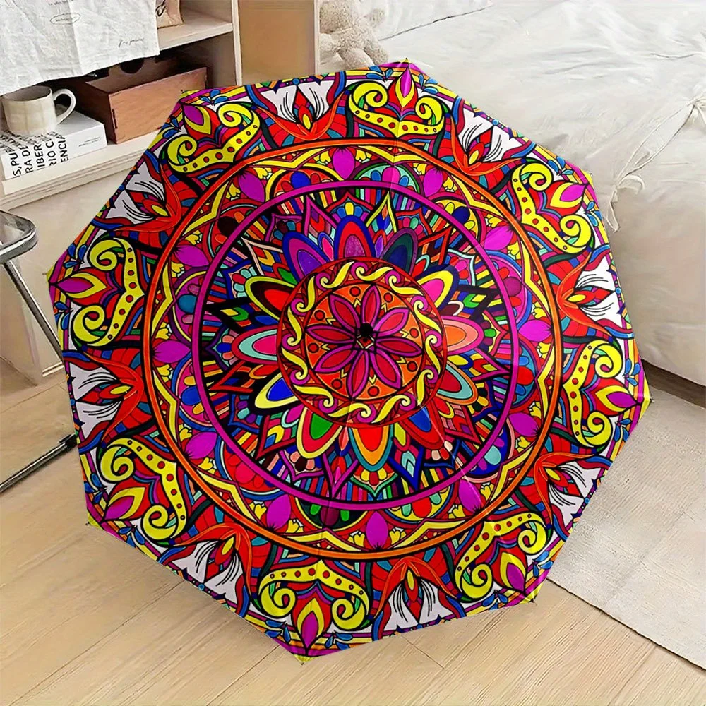 

Automatic Folding Umbrella The umbrella features a colorful mandala pattern. Portable collapsible design, casual outdoor acces