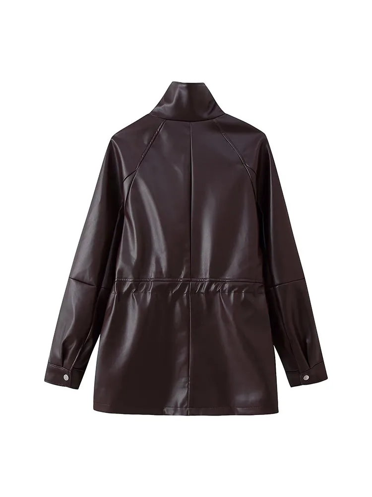 HH المرأة مزدوجة الصدر الوقوف طوق طويلة الأكمام جيب الديكور سترة جلدية أنيقة الإناث نمط غير رسمي معطف منتصف طول