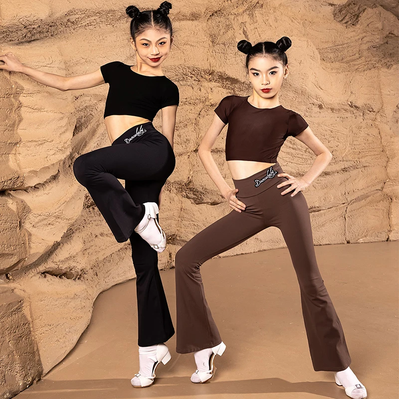 2024 Kids Latin Dance Clothes Summer Practice Clothing Girls Short Sleeves Tops Pants Cha Cha Rumba Dance Training Wear BL12407