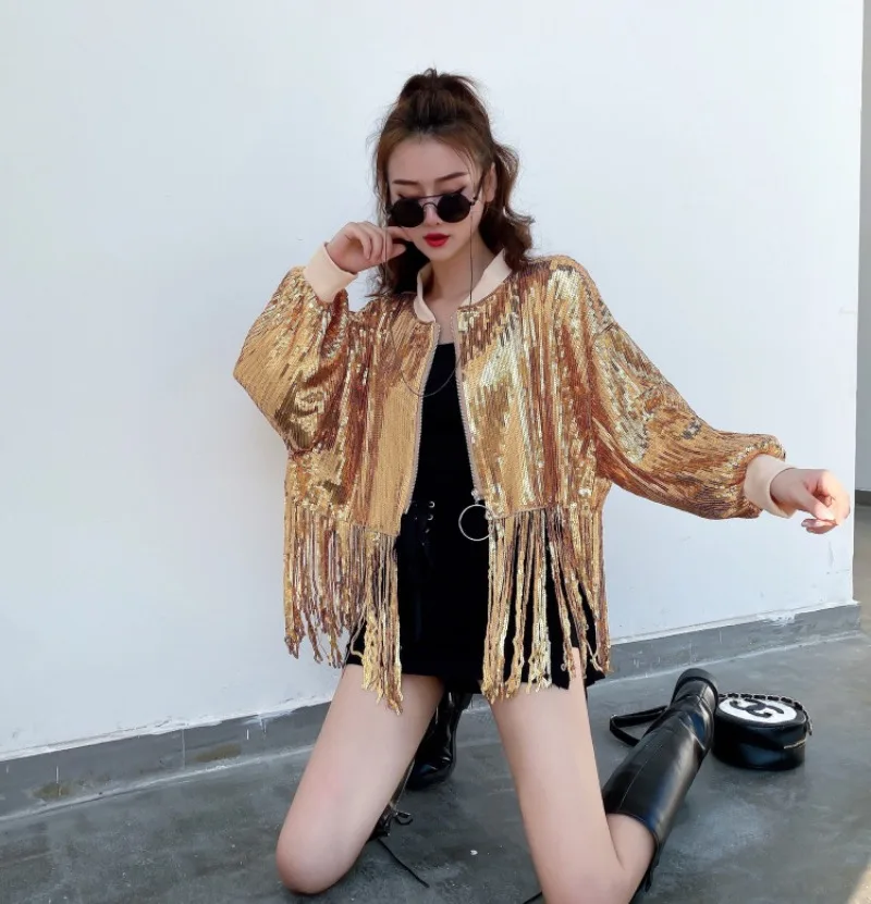 

2023 New European And American Fashion Temperament Heavy Industry Sequined Fringed Long-sleeved Jacket Foreign Style Shiny Top