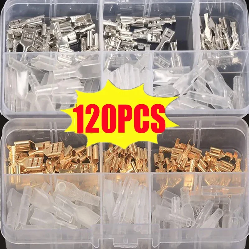 120pcs 2.8mm 4.8mm 6.3mm Plug Spring Female Spade Cold Crimp Terminals Connector Car Speaker Electrical Wire Connectors Set