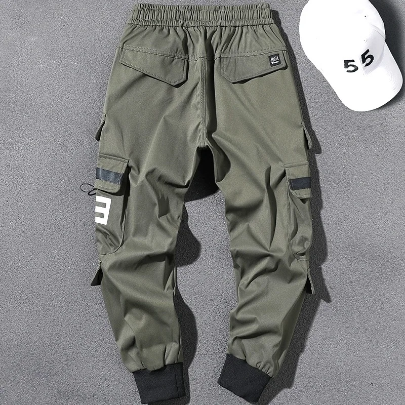 Stretch big size leg-binding trousers loose casual multi-pocket overalls men\'s drawstring ice wire men\'s trousers