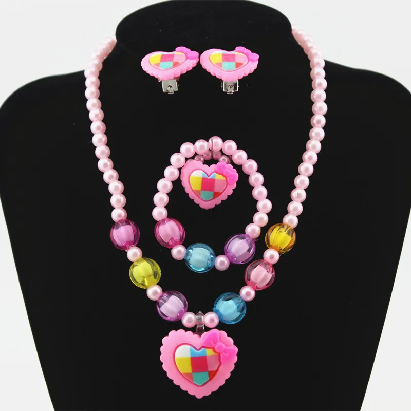 Imitation Pearls Beaded Jewelry Set Baby Girls Lovely Heart Necklace Heart Stud Earrings Kids Children Party Jewelry Gift