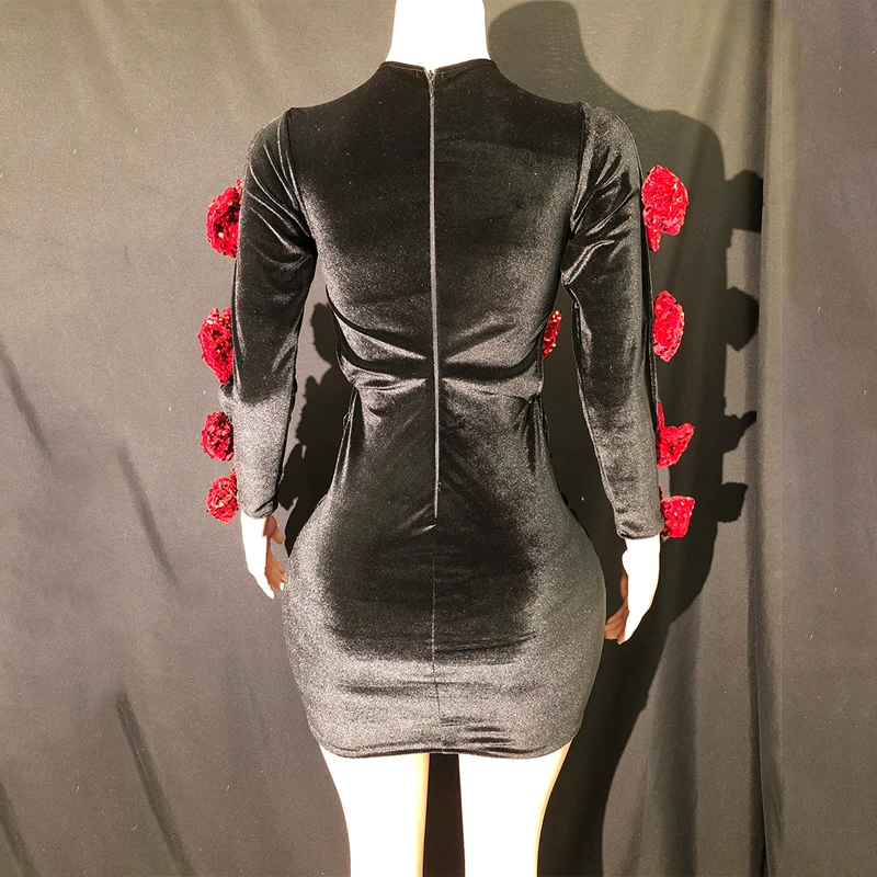 Robe de Soirée en Velours Noir à Paillettes Rouges pour Femme, Costume de Bal, Tenue de Spectacle sur Scène, XS7398