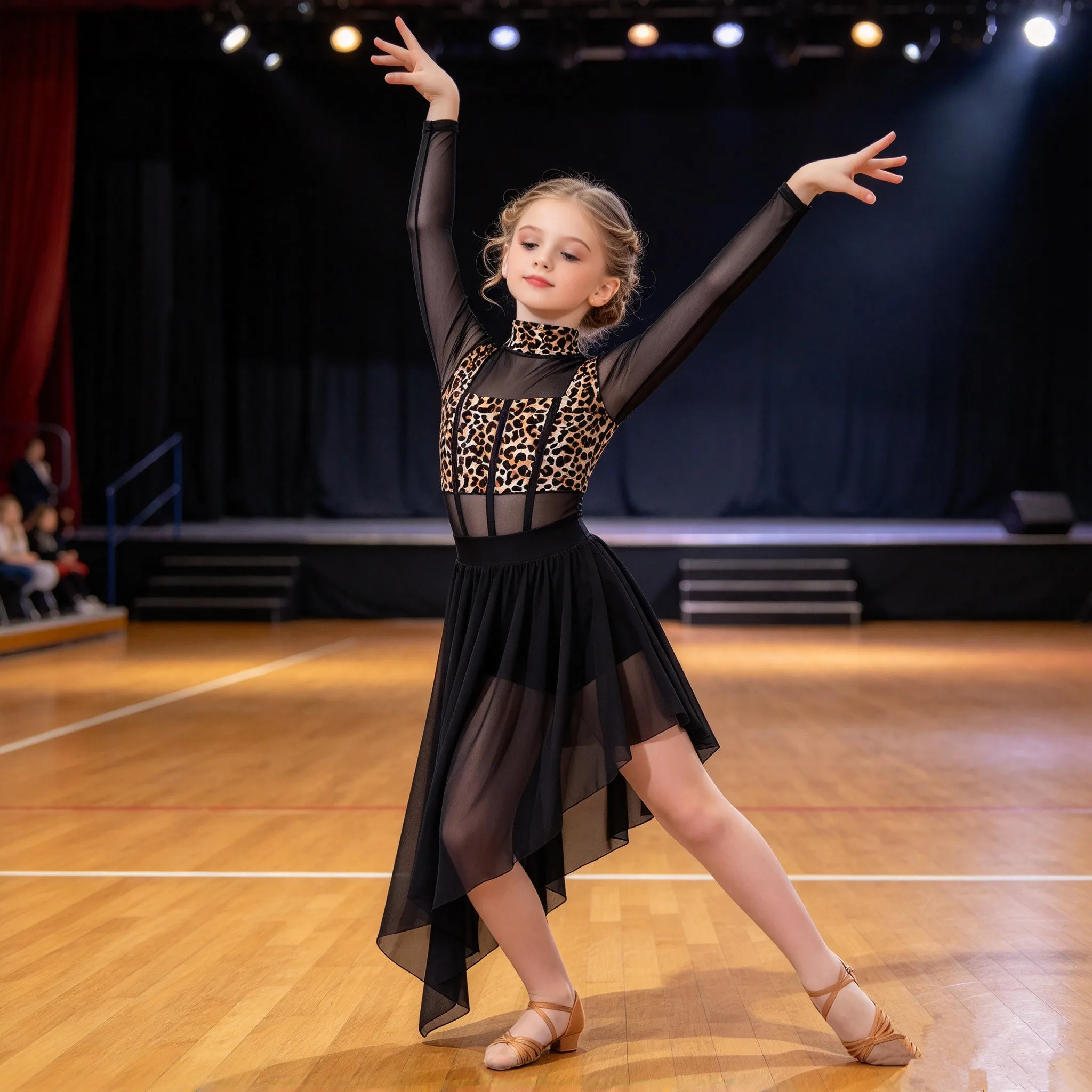 Kids Girls Long Sleeve Bodice Sheer Mesh Modern Lyrical Dance Leotard Dress Dancing Class Skating Gymnastics Acrobatics Costume