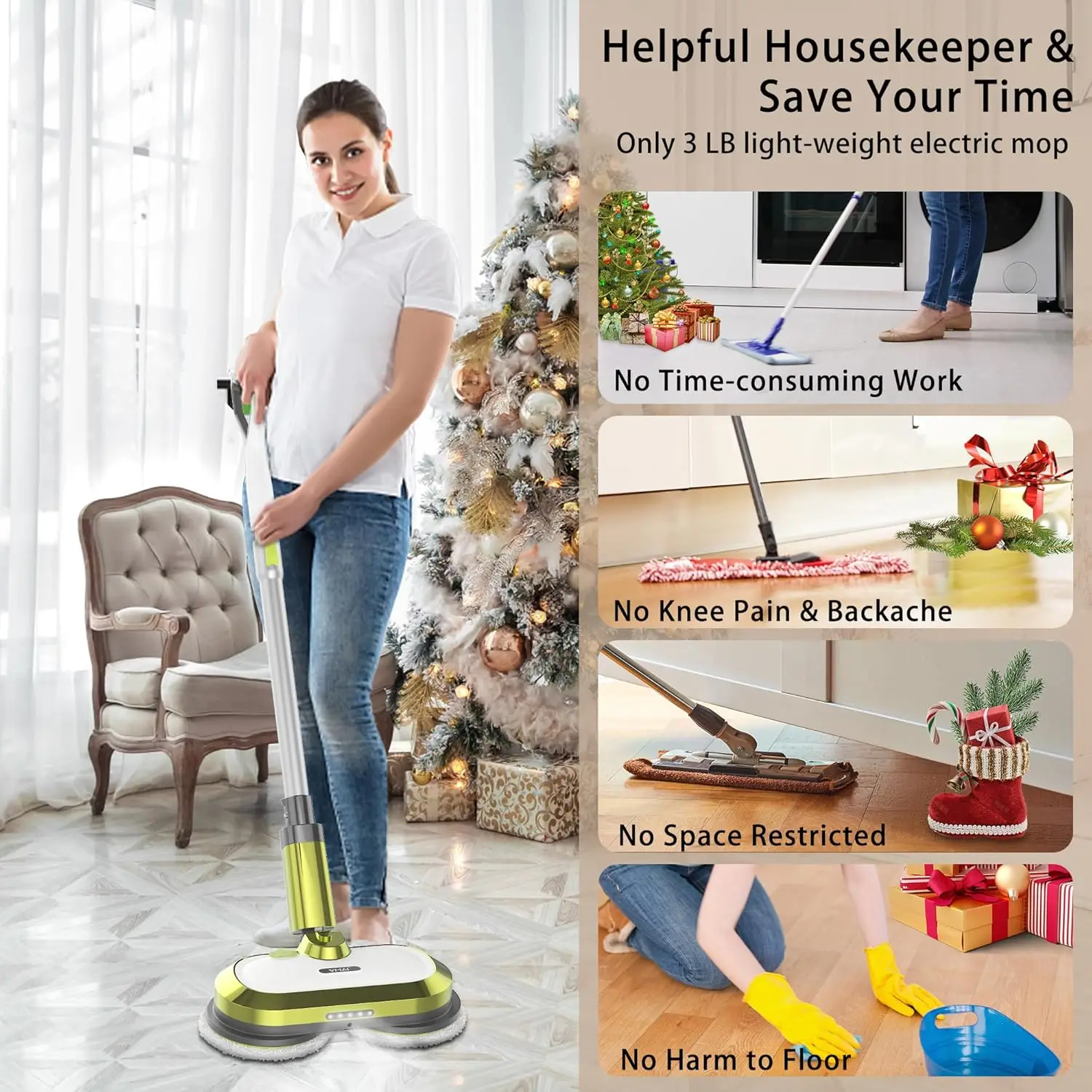 Trapeador eléctrico, trapeador giratorio eléctrico con faro LED y rociador de agua, potente limpiador de suelos de hasta 60 minutos con depósito de agua de 300 ml y