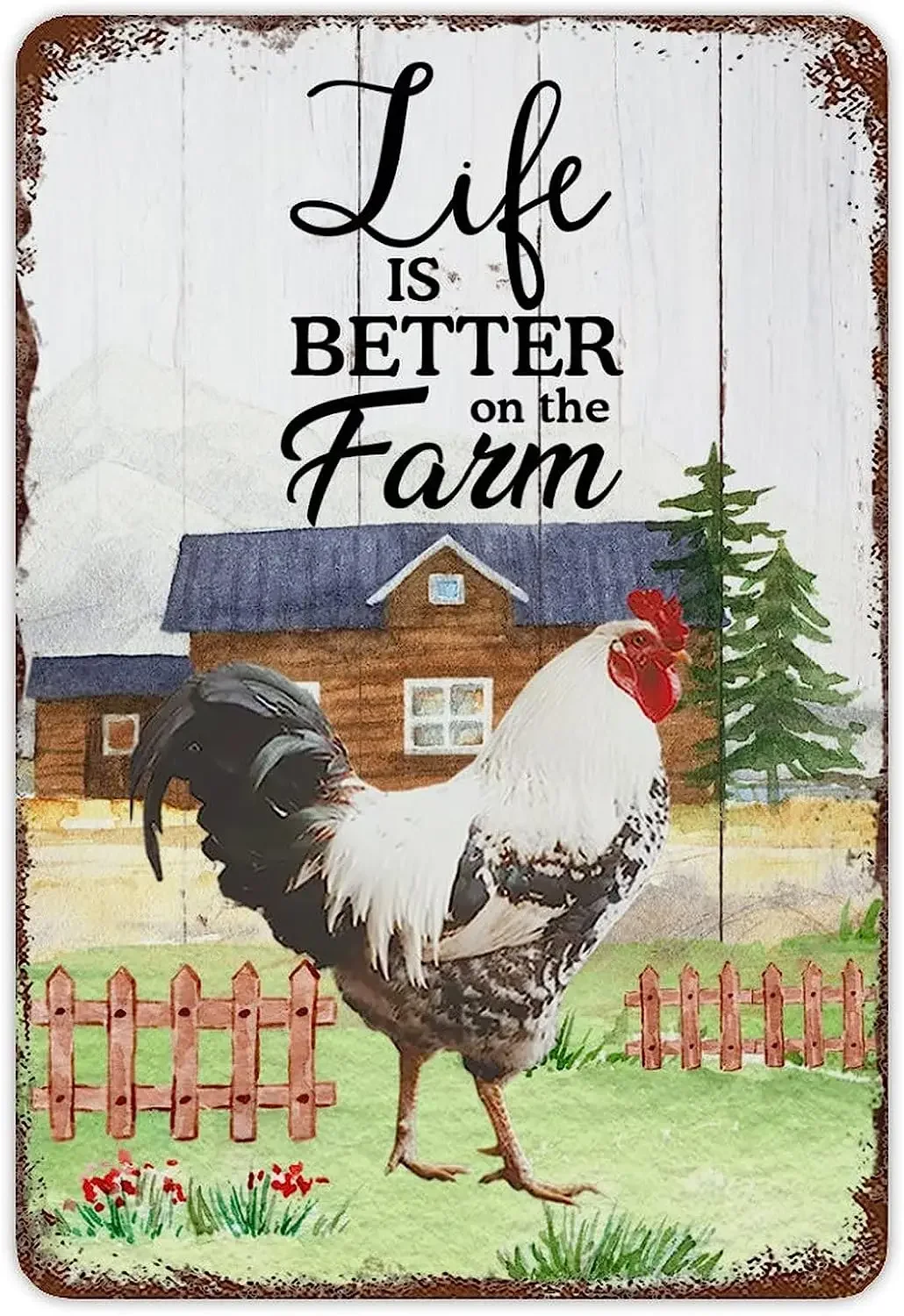 Rooster Farmhouse Tin Sign Country Garden Fence Meal Sign Farm Animal Floral Nature Style Iron Poster Painting Garden