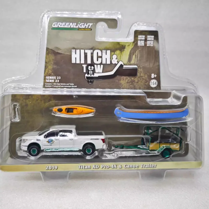 greenlight-1-64-2019-titan-xd-pro-4x-canoe-trailer-green-machine-alloy-simulation-car-model-static-collection-souvenir-gift