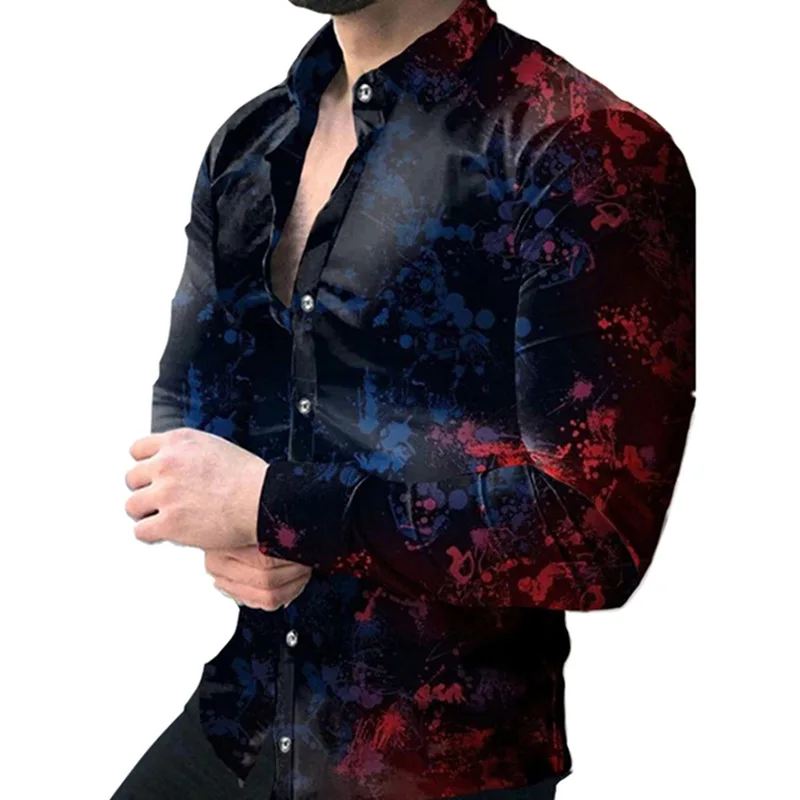 Camisa casual versátil de manga comprida de um único peito masculino, lapela renderização vermelha, moda de rua, outono