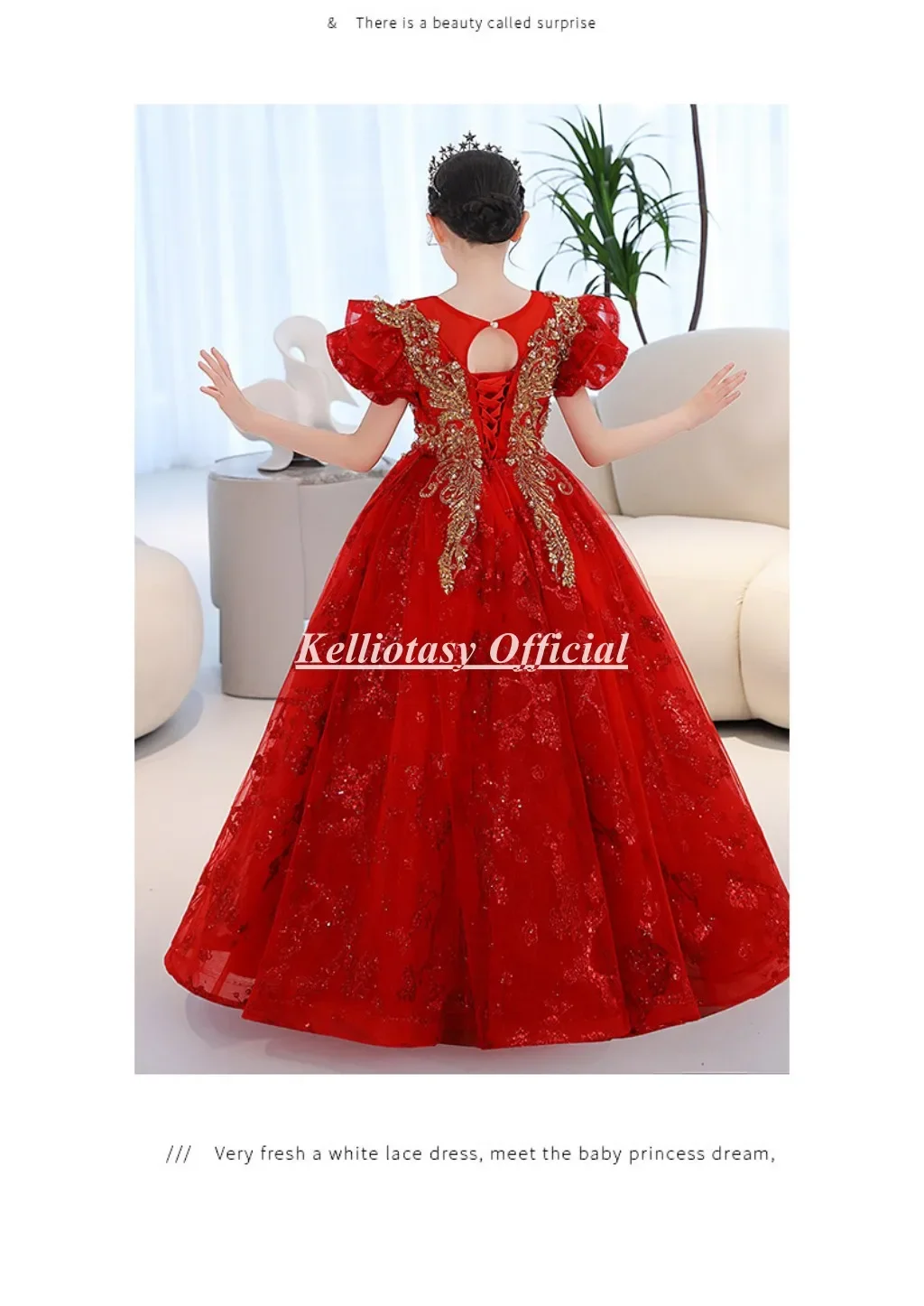 Gaun Catwalk Anak Kustom Gaun Gadis Bunga Putri Merah Mewah dengan Applique Renda LZ002