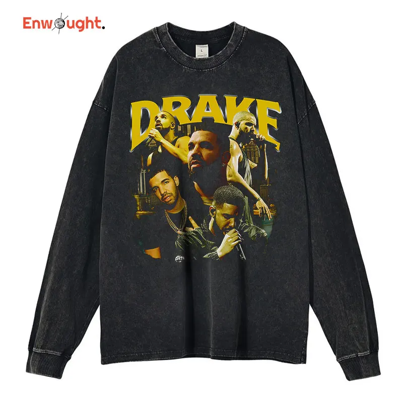 

Drake Graham Long Sleeve T-shirt Vintage Washed Hip Hop Rapper Singer Drizzy Sweatshirts Pullover Oversized Hoodie Tops Tees Men