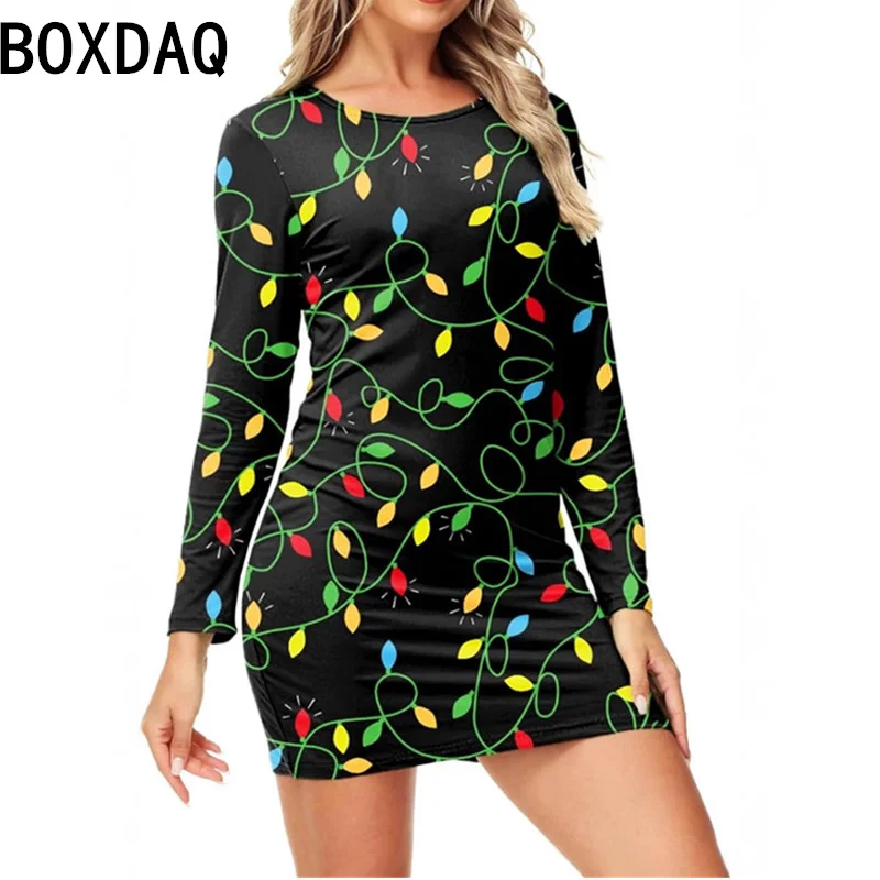 Ladies' New Year Christmas Party Dress 3D Funny Santa Claus Dress Up Style Dress Long Sleeve O-Neck Casual A-Line Dress