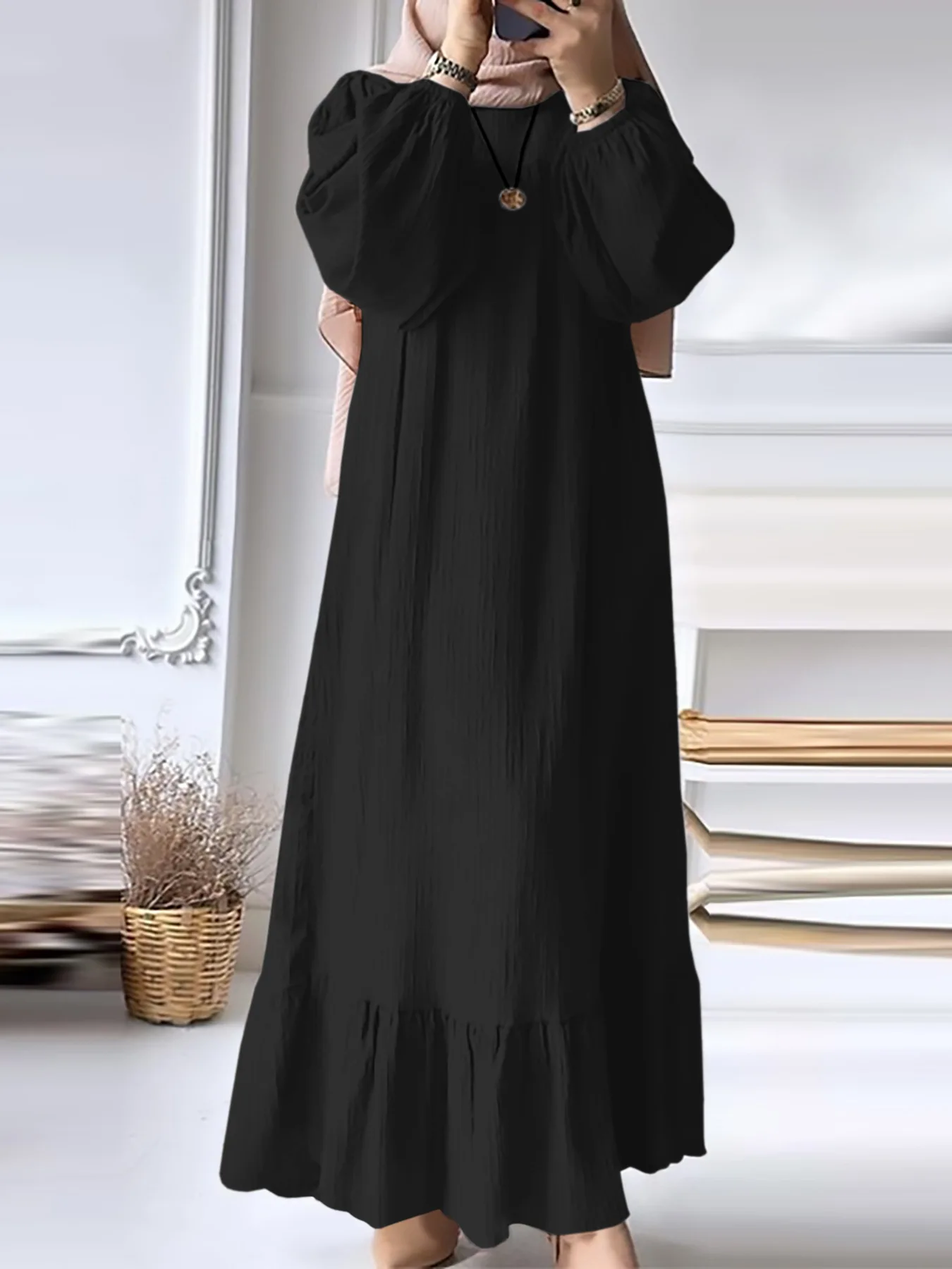 2024 Hot Selling New Women\'s Dress Spring and Autumn New Fashion Long sleeved Retro Solid Color Ruffle Edge Hem Long Dress