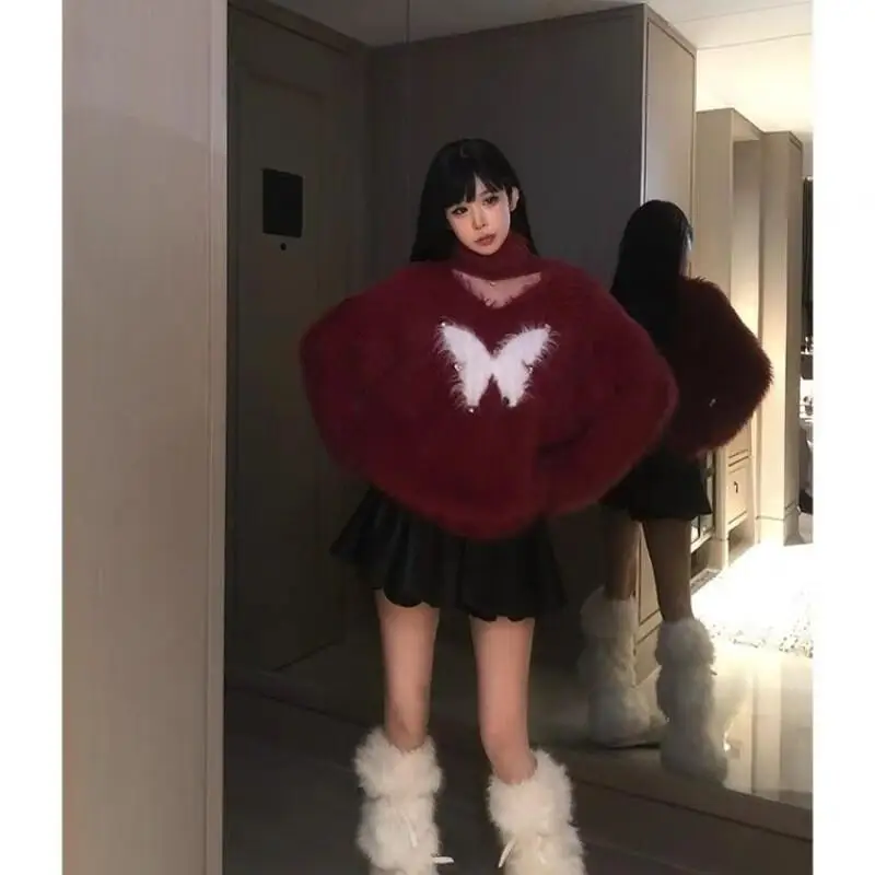 스웨터 니트웨어 여성용 레트로 밍크 벨벳 니트 스웨터 패션 루즈핏 밍크 벨벳 스웨터 탑 캐주얼웨어 귀여운 풀오버